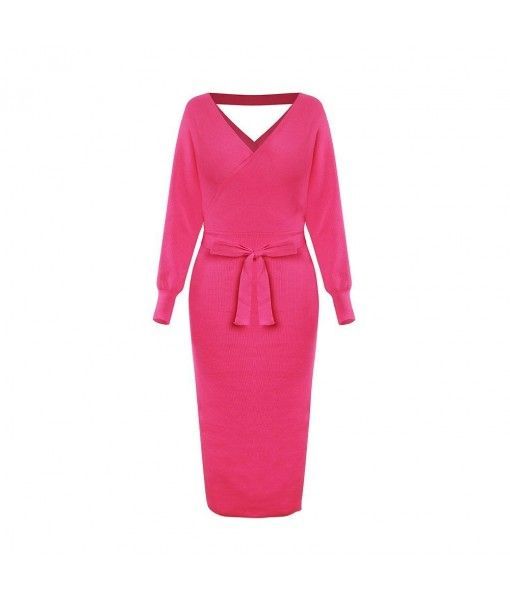 Europe ladies v-neck long sleeve soft knitted dress with belt women's casual dress 