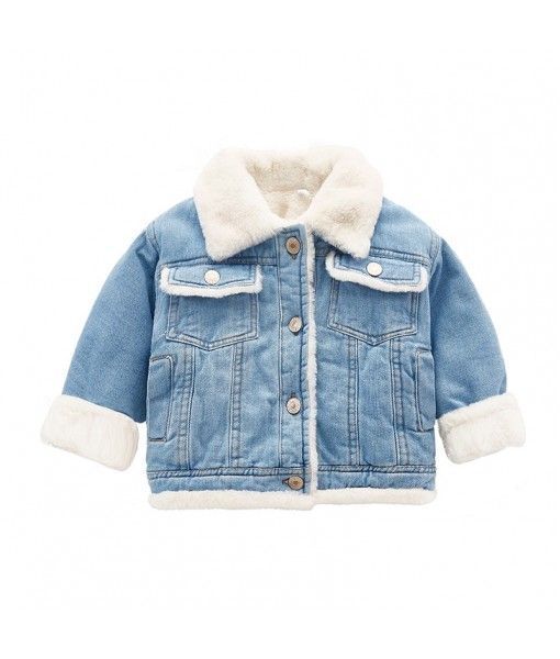 New imitation rabbit fur jacket blue denim plus plush children's coat