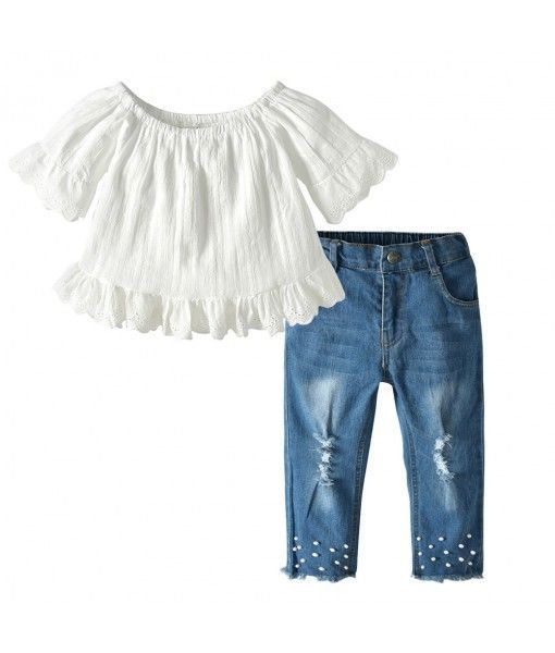 Hot Sale Elastic Waist Baby Girl lace top denim pants Outfits boutique children clothing 