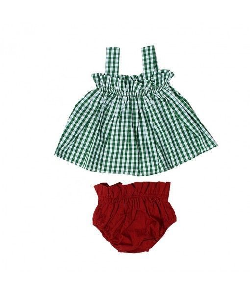 Hot Sale kids green plaid Baby Girl pearl Outfits girls dress boutique children clothing