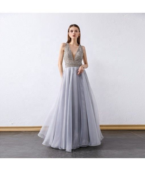 Hot sexy party sleeveless silver grey womens ball gown evening dress for women 