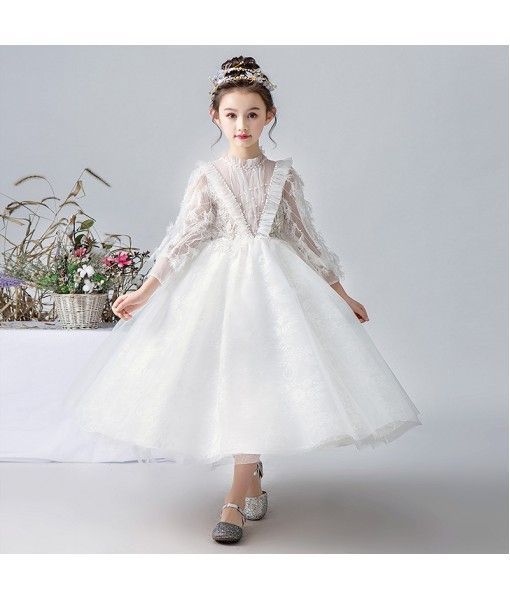 White lace Flower Girl Birthday Party Dress Princess wedding Dresses