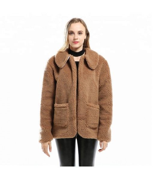 Women's BoyFriend Oversized Winter Teddy Coat Colored Brown with Lapel