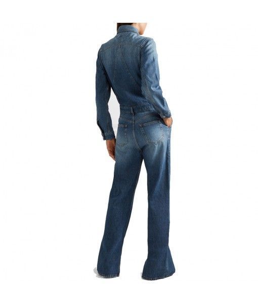 Women's Loose Long Sleeve Denim Romper High Neck Long Pants Blue Jumpsuit with Tie Waist 