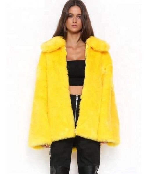 Women's chic oversized Fur Coat &jacket with collar popular Solid Colored yellow