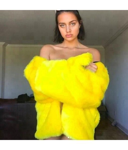 Women's chic oversized Fur Coat &jacket with collar popular Solid Colored yellow