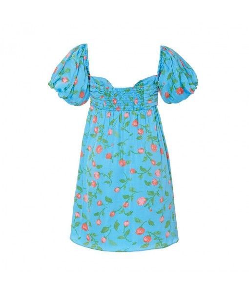 Bangalore women summer strapless lantern sleeve pleated midi floral casual dresses