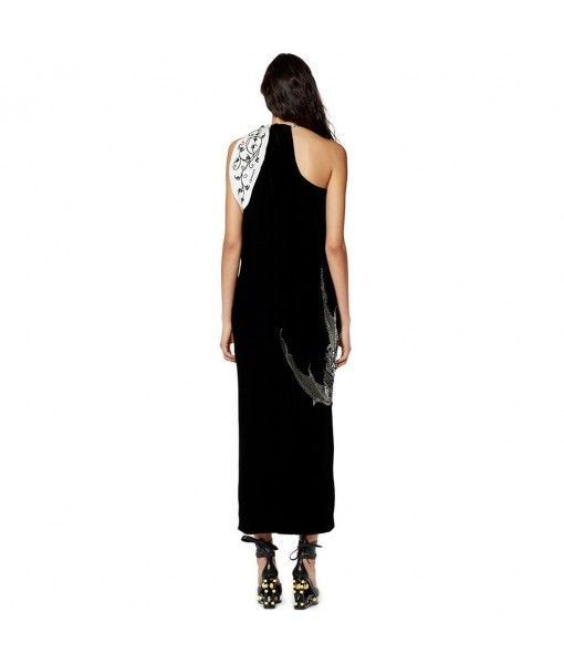 Elegant women clothing high end occasion hanging neck style embroidered black long ladies dress