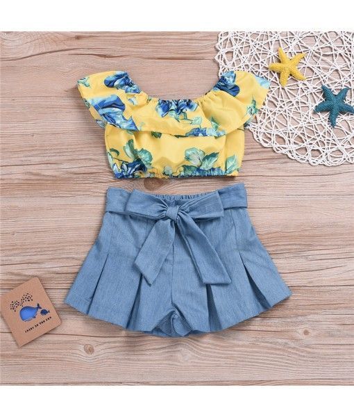 summer kid clothing baby girl boutique clothing sets Flower print tops+ jeans children girl clothes 
